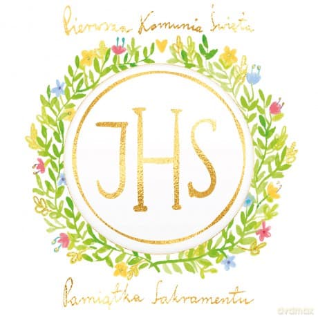 Karnet KW komunia z kółkiem HS TŁ wianek kwiaty