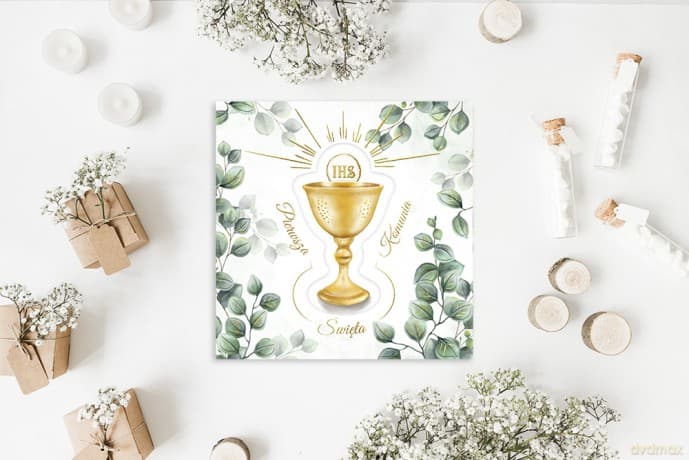 Karnet KW komunia kielich z eukaliptusem