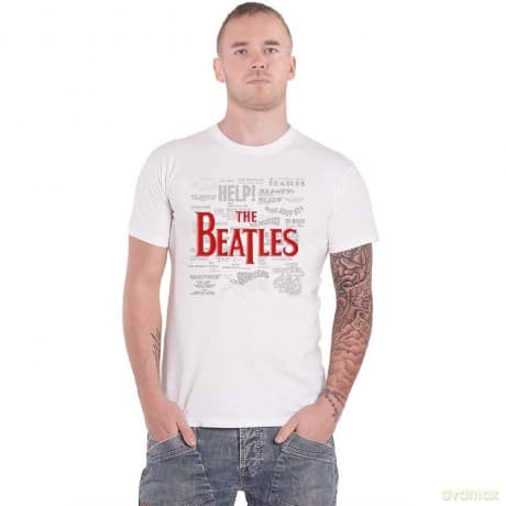 The Beatles: Unisex T-Shirt: Titles & Logos (White) (Puff Print) (Medium)