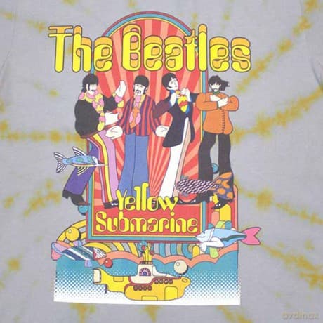 The Beatles: Unisex T-Shirt: Yellow Submarine Band & Fish (Grey) (Wash Collection) (Small)