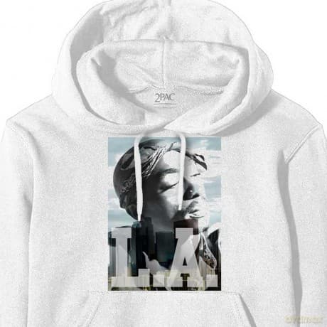 Tupac: Unisex Pullover Hoodie: LA Skyline (White) (Large)