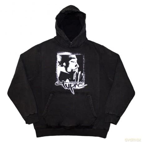 Tupac: Unisex Stone Wash Pullover Hoodie: Spray Photo (Charcoal Grey) (Large)