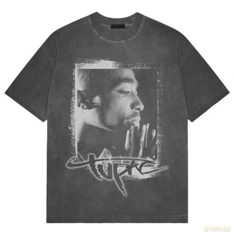 Tupac: Unisex Stone Wash T-Shirt: Spray Photo (Charcoal Grey) (Medium)