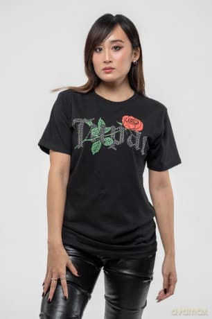 Tupac: Unisex T-Shirt: Rose Logo (Black) (Embellished) (Large)