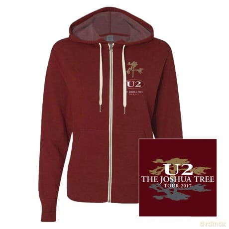 U2: Unisex Zipped Hoodie: Joshua Tree 2017 (Maroon Red) (Back Print & Ex-Tour) (Small)